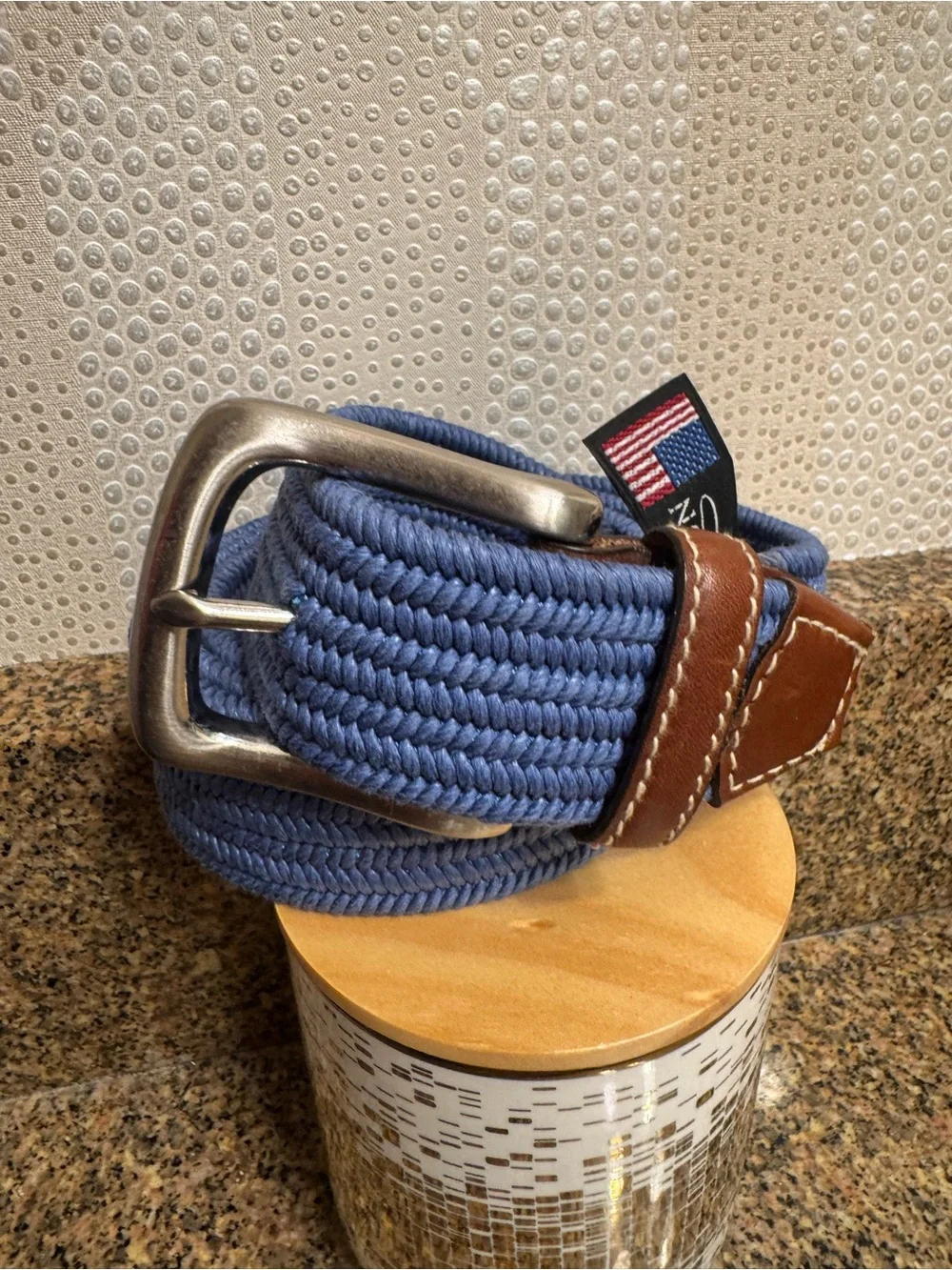 Men's Brighton Woven Stretch‎ Belt in Blue with Brown Leather Trim 42
